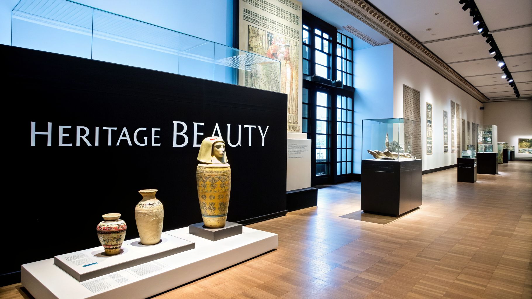 A museum exhibit showcasing an Egyptian sarcophagus lid, two ancient vases, and other artifacts in a gallery.