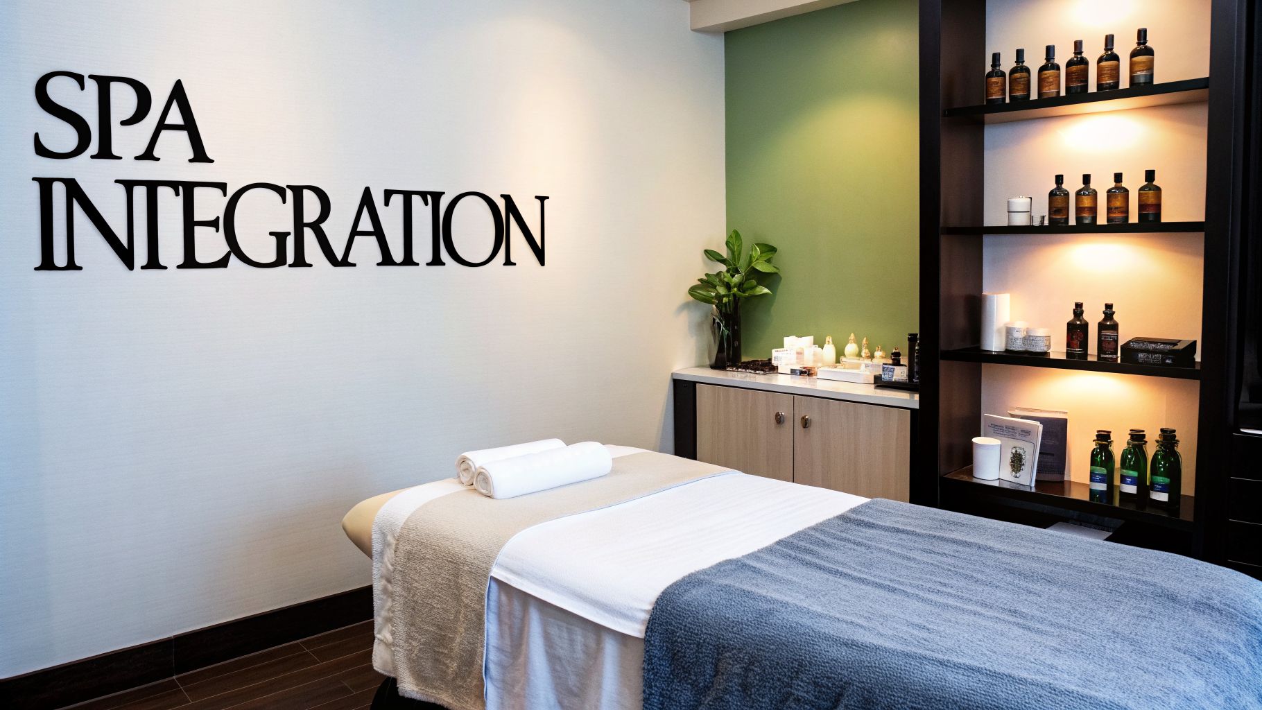 A tranquil spa room featuring a massage bed, a wall sign, and shelves displaying wellness products.