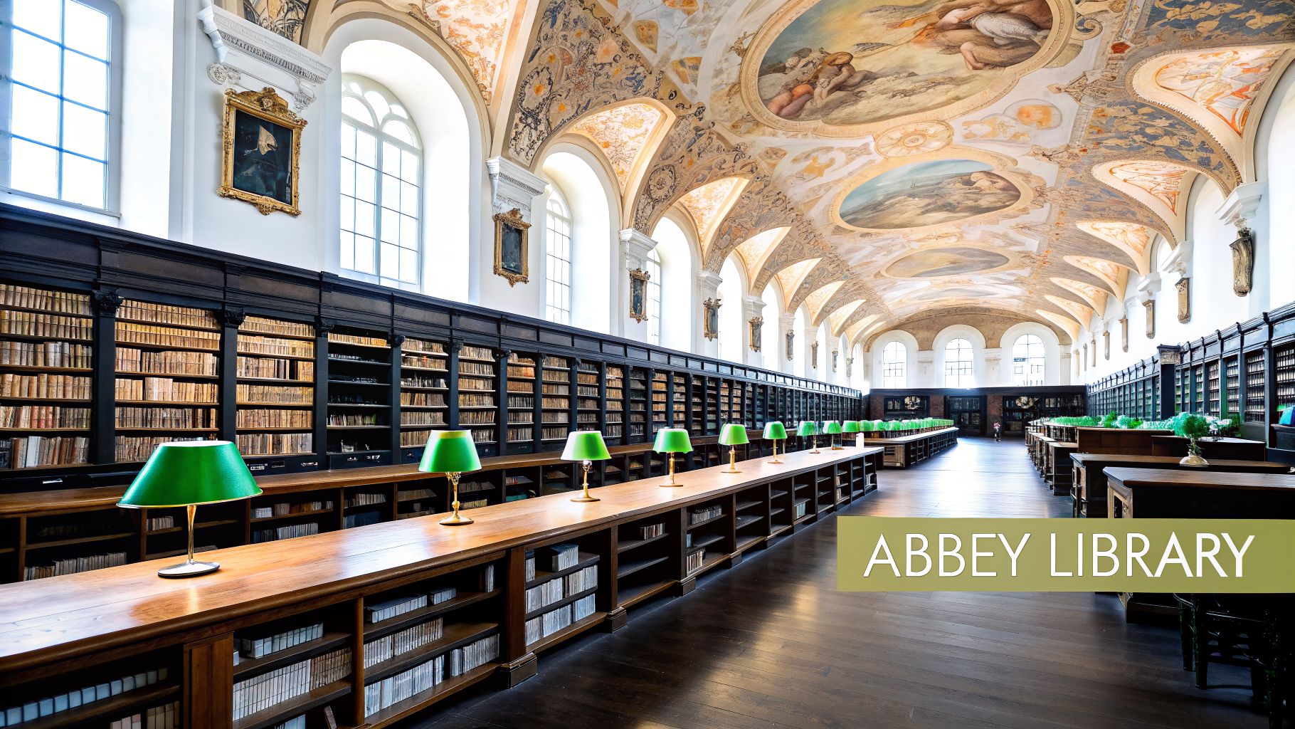A long, ornate historical library hall with countless bookshelves, wooden tables, green lamps, and a high, frescoed ceiling.