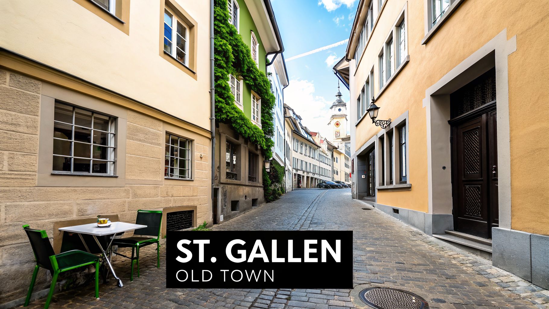 Charming cobbled street in St. Gallen Old Town with colorful buildings, a cafe, and a clock tower.