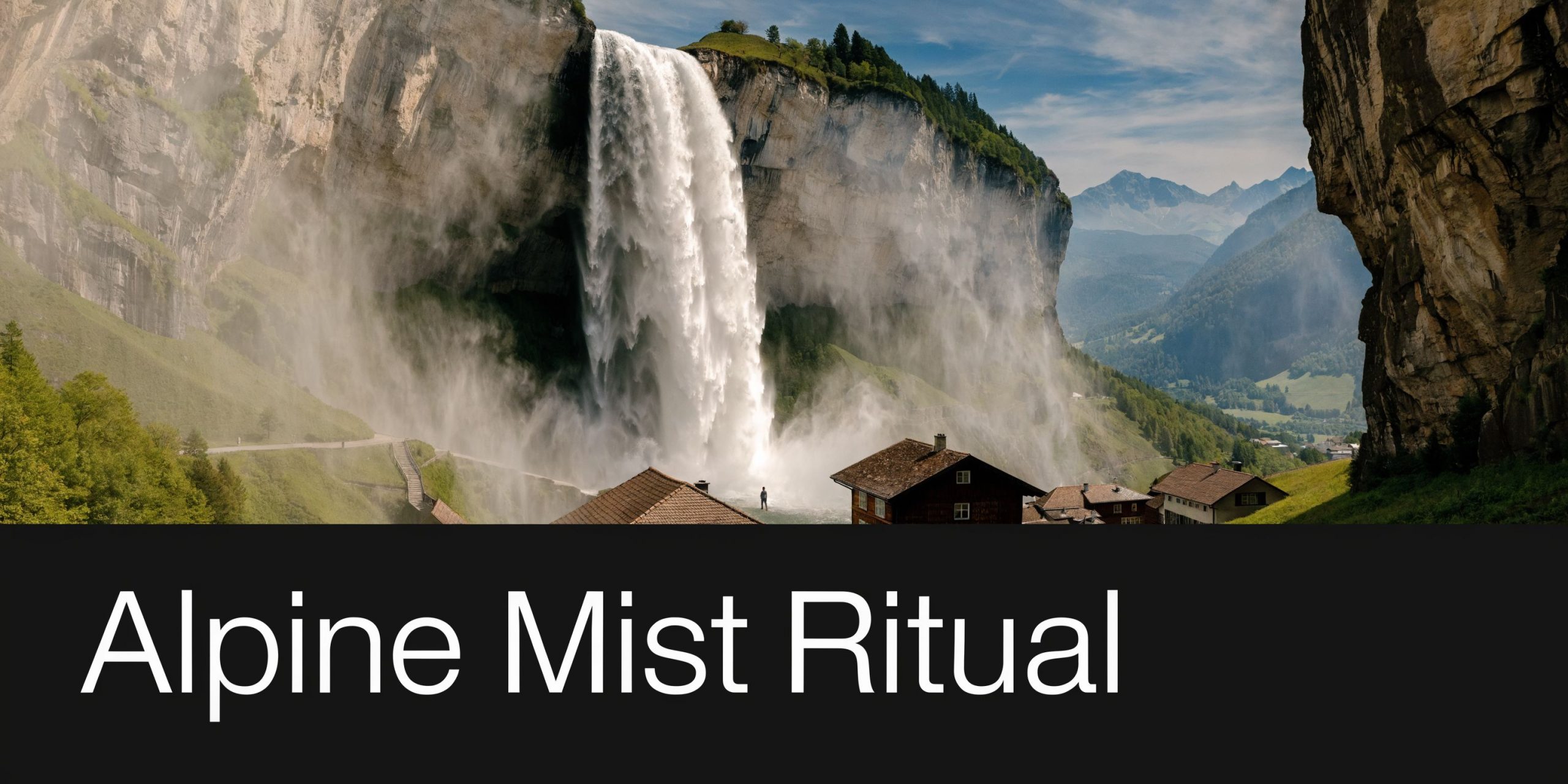 Stunning view of Staubbach Falls in Lauterbrunnen, Switzerland, featuring rustic wooden houses at the waterfall base.