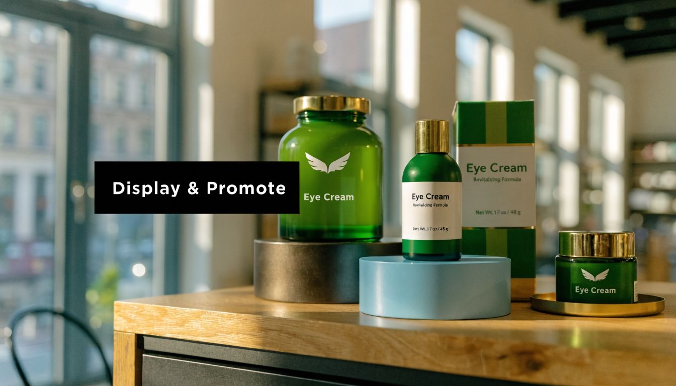 Several glass jars and bottles of luxury eye cream displayed on wooden pedestals in a bright office.