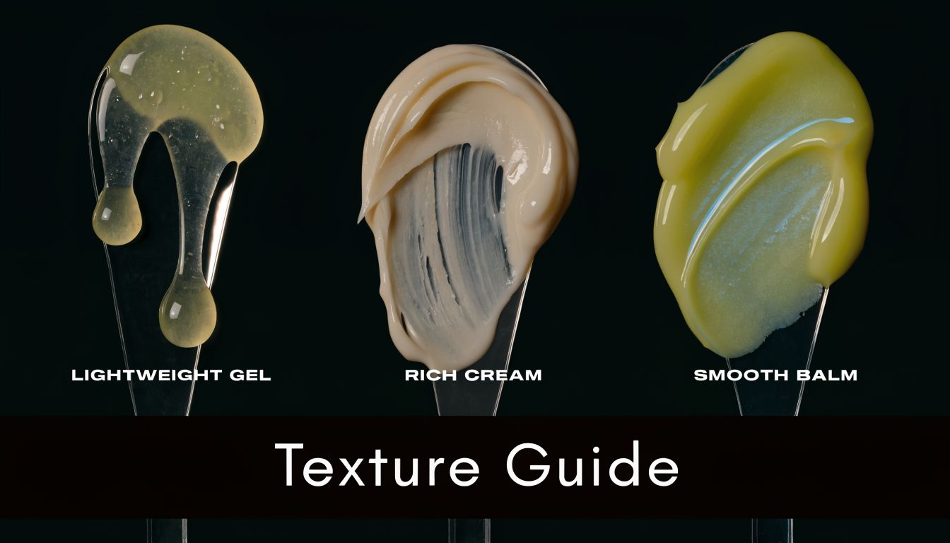 A texture guide showcasing three skincare consistencies on spatulas: lightweight gel, rich cream, and smooth balm.