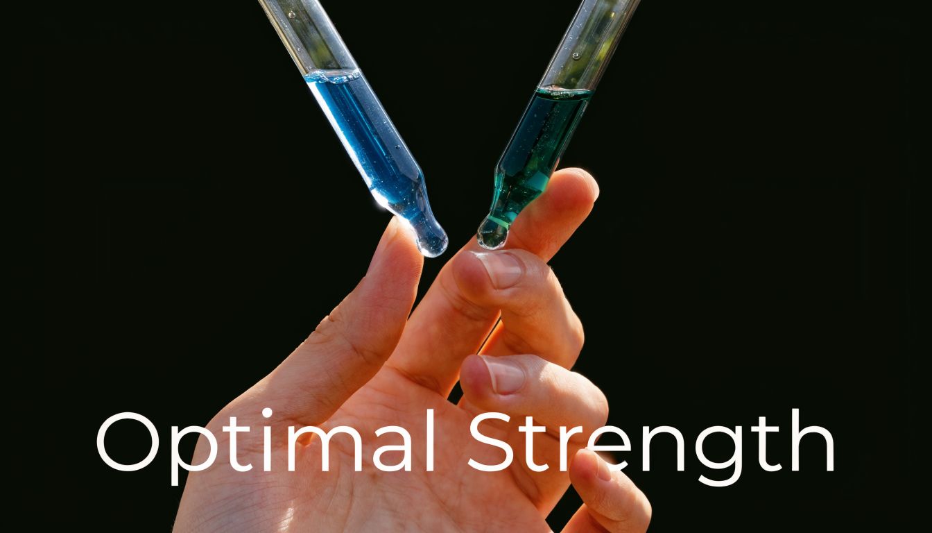 A hand holds two glass droppers containing blue and green liquids against a dark background.