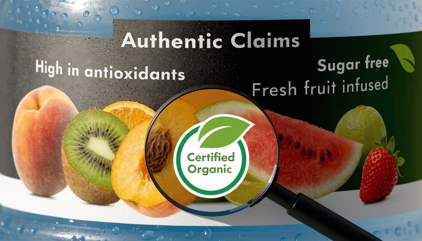 A magnifying glass focusing on a certified organic seal next to various fresh fruits on a label.