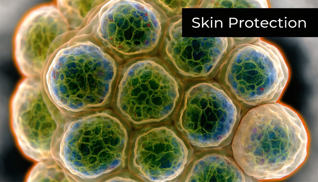A microscopic view of clustered skin cells with a glowing, protective orange outline in a scientific visualization.