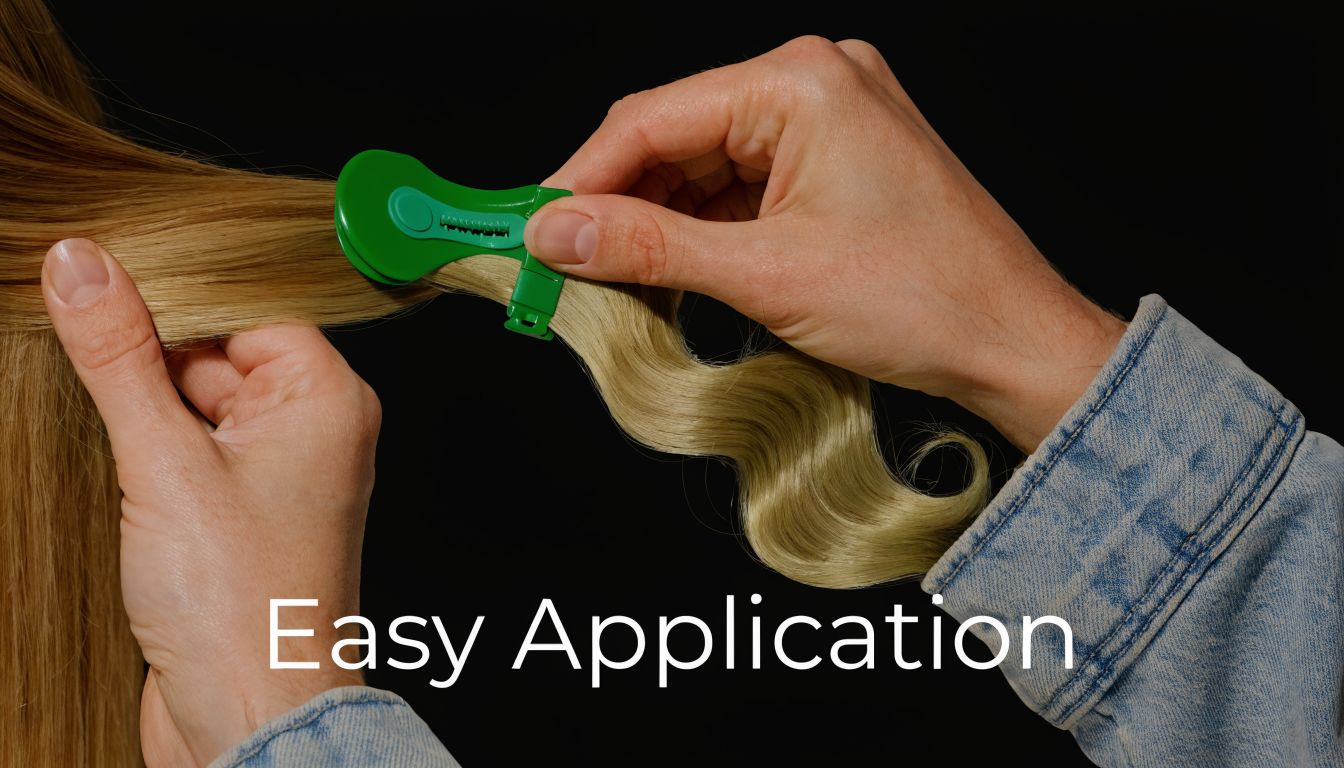A hand holding a green plastic tool applying a blonde hair extension to a person's hair.