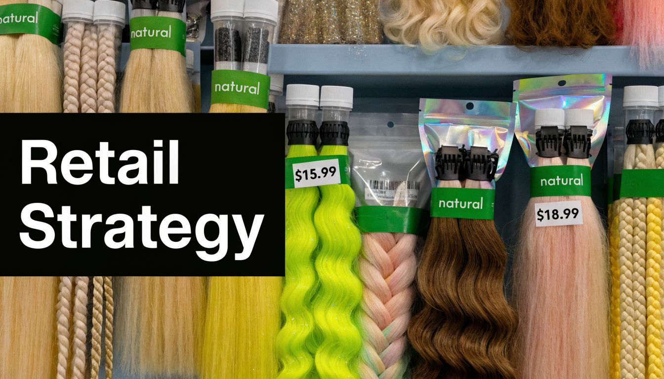 A retail display shelf featuring various colors and styles of synthetic hair extensions for sale.