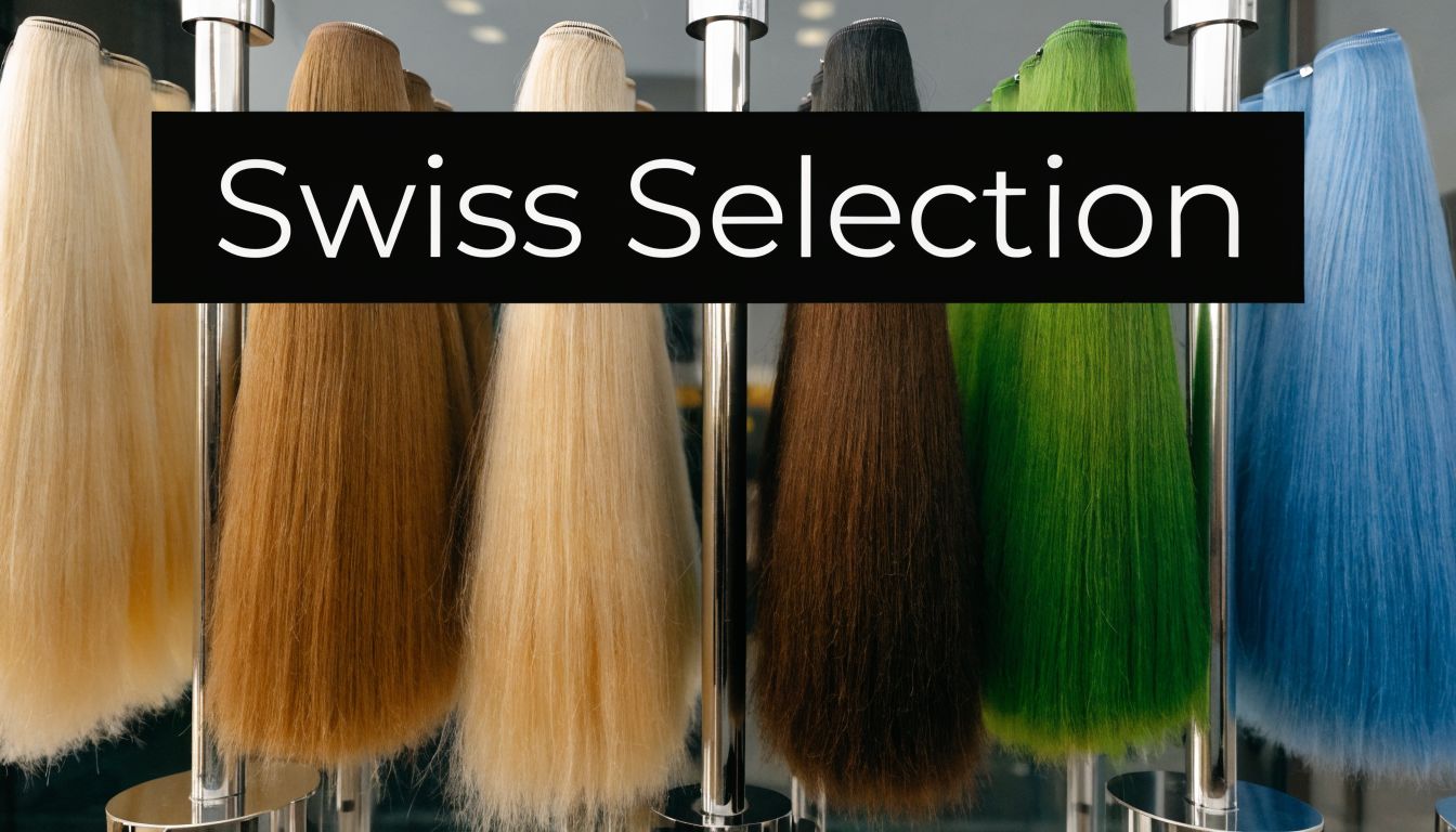 A rack displaying multiple high-quality human hair clip in extensions in various shades and colors.