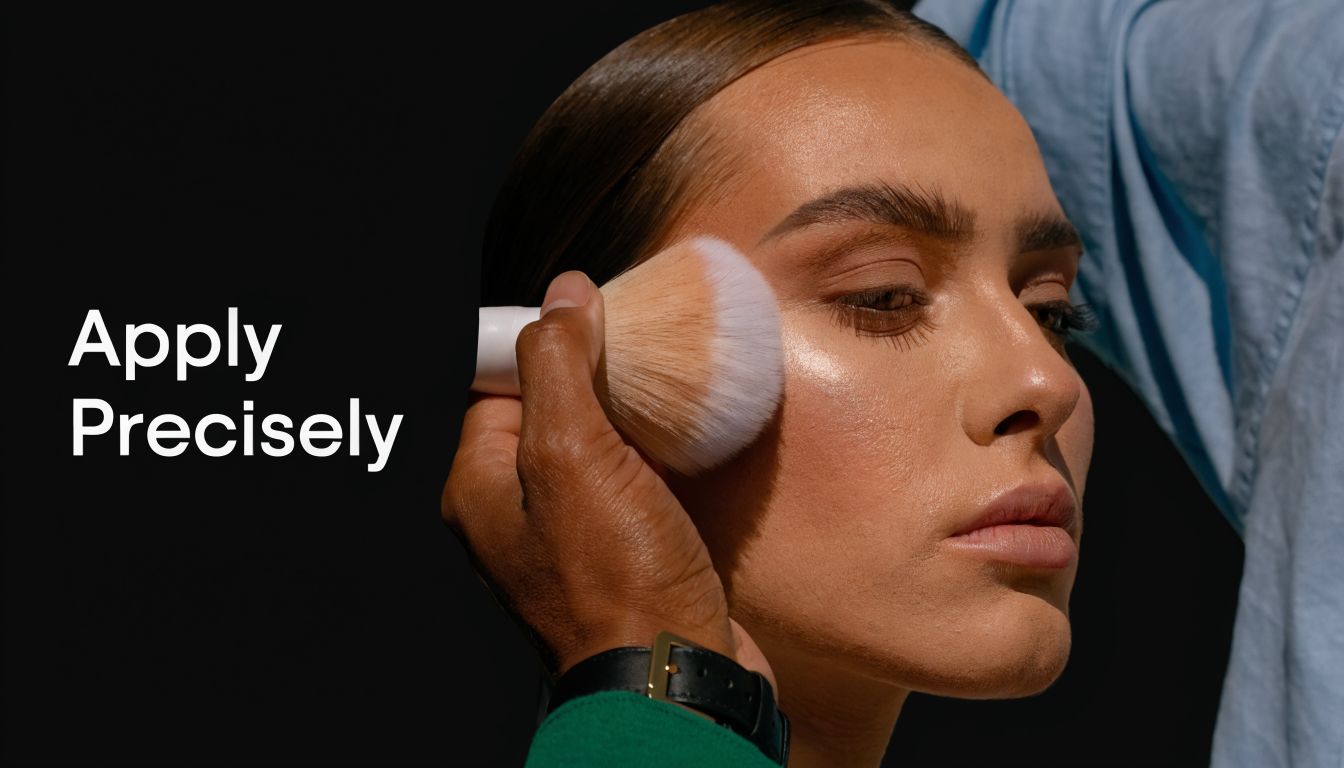 A professional makeup artist applies powder to a woman's cheekbone using a soft, dense cosmetic brush.
