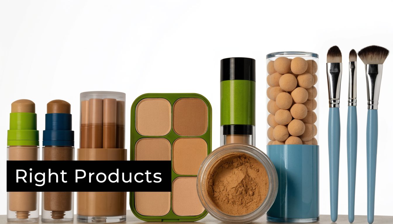 A collection of contouring makeup products, including foundations, powders, and brushes, displayed against a white background.