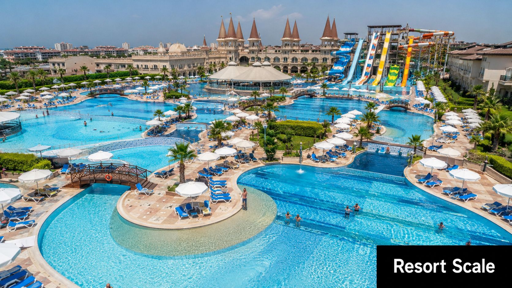 An aerial view of the Crystal Waterworld Resort and Spa featuring expansive swimming pools and water slides.