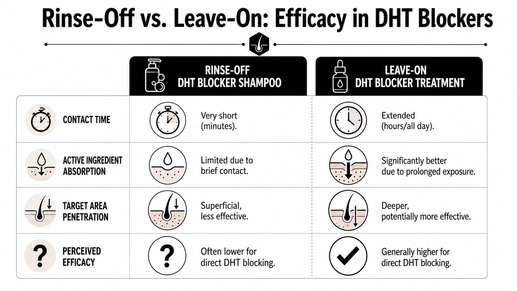 A comparison chart showing the efficacy differences between rinse-off DHT blocker shampoos and leave-on treatments.