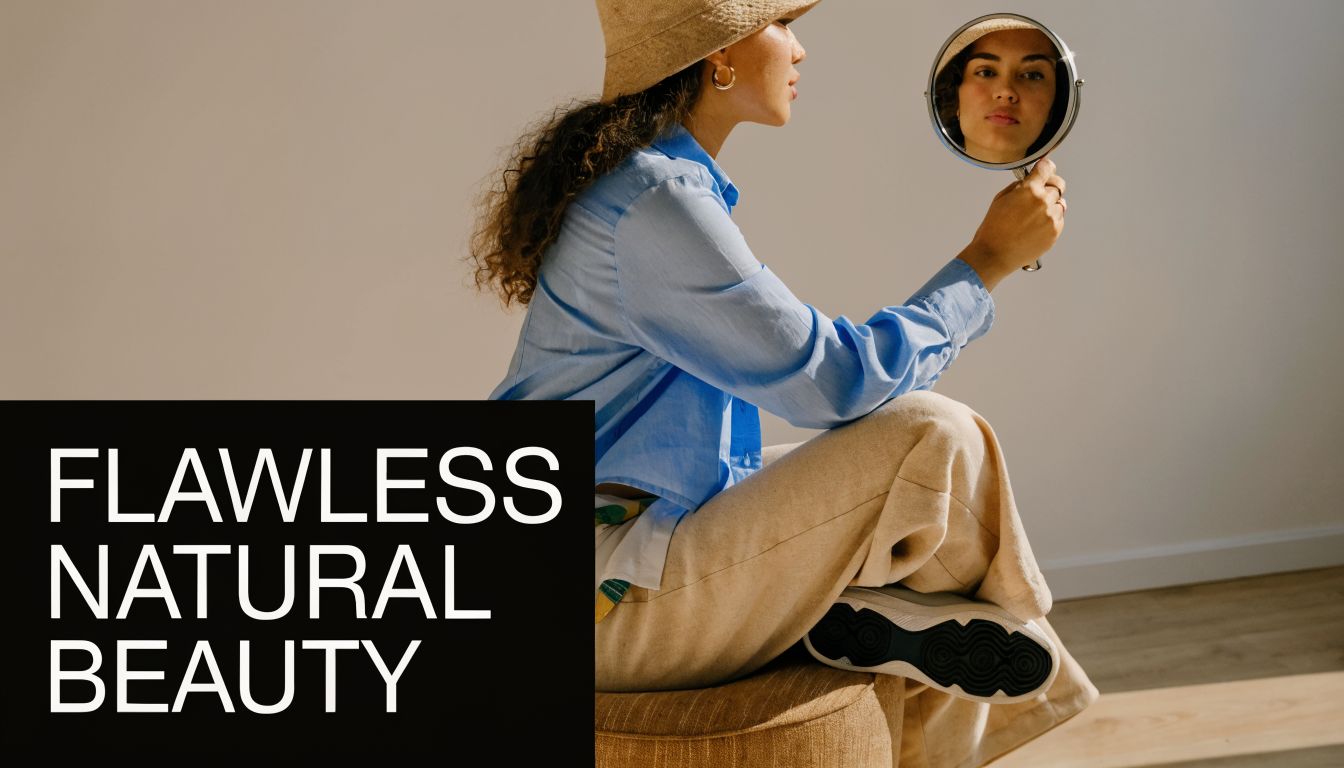 A stylish woman in a hat and blue shirt looks at her reflection in a small hand mirror.