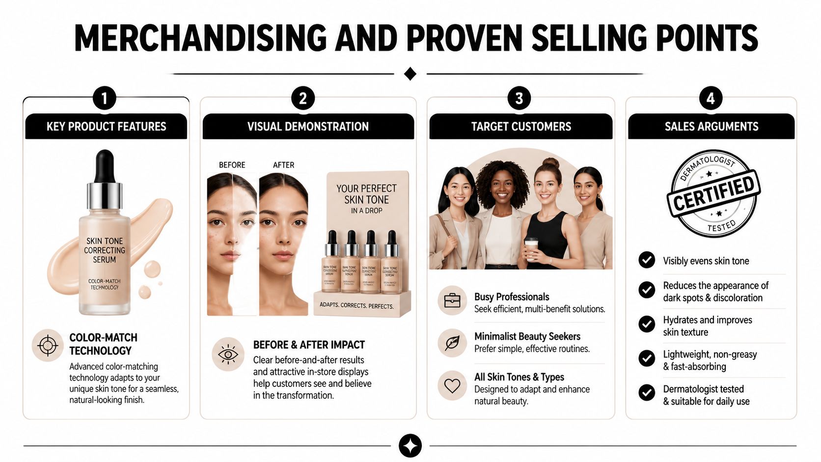 A visual guide for skin tone correcting serum displaying product features, visual demonstrations, target customers, and sales benefits.