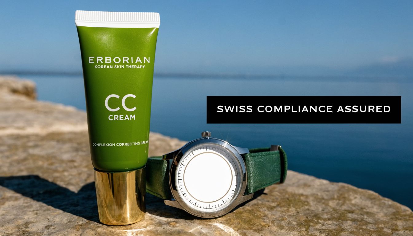 A tube of Erborian CC cream and a green wrist watch placed on a stone wall.