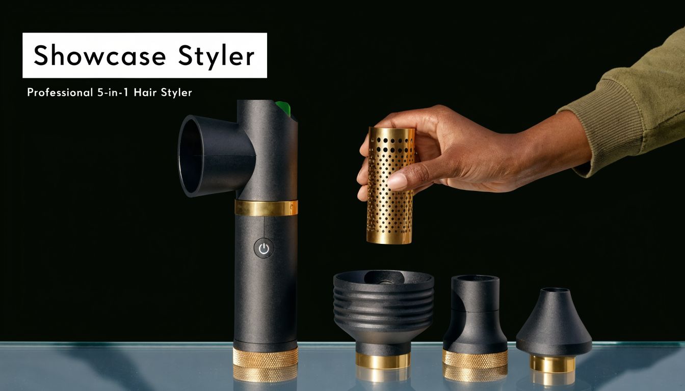 A professional 5-in-1 hair styler with interchangeable attachments displayed on a reflective table against a black background.