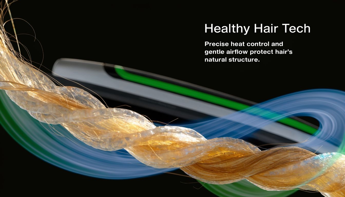 A close-up view of a twisted hair strand styled by a high-tech hair tool with airflow.