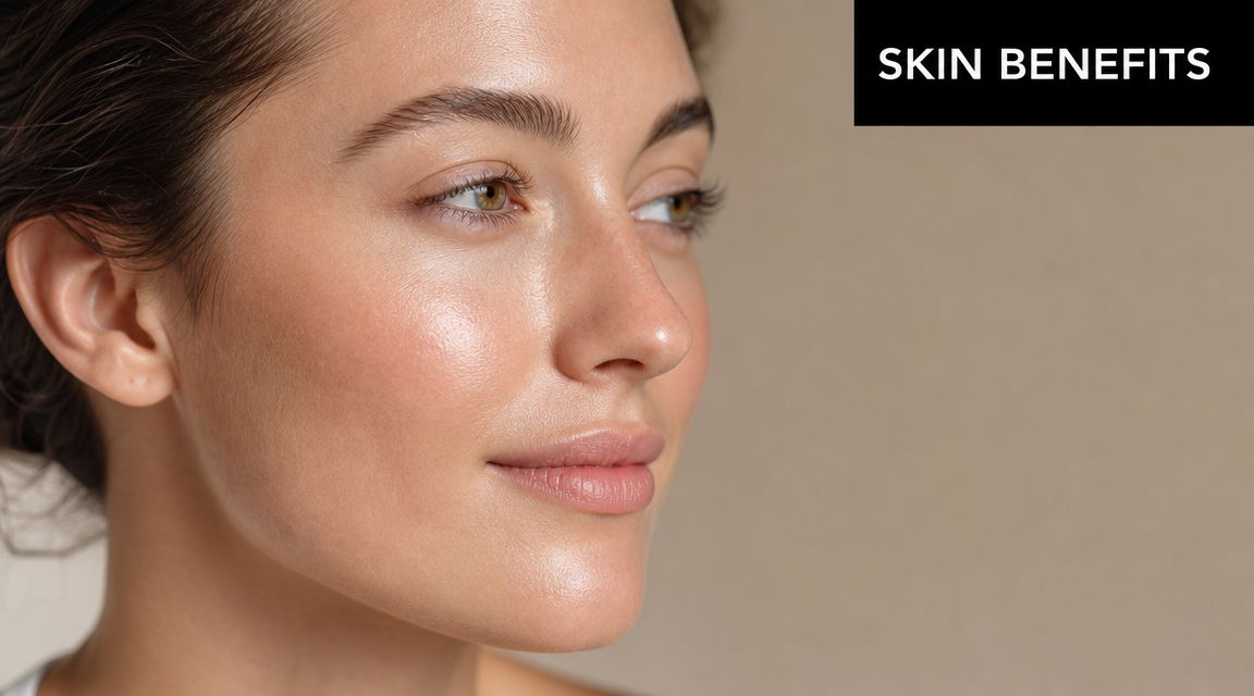 A close-up portrait of a woman with healthy, glowing, hydrated skin looking towards the side.