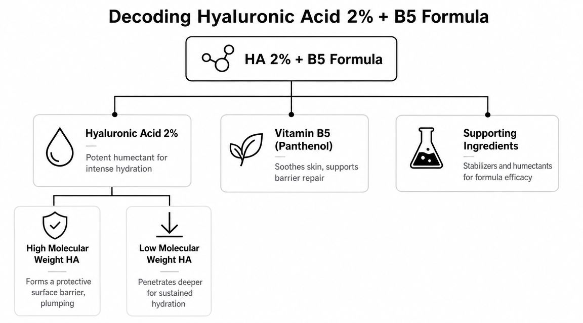 A diagram explaining the components and benefits of a Hyaluronic Acid 2% and Vitamin B5 skin formula.