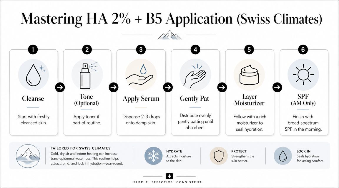 A six-step infographic guide on how to properly apply hyaluronic acid 2% plus B5 serum for hydration.
