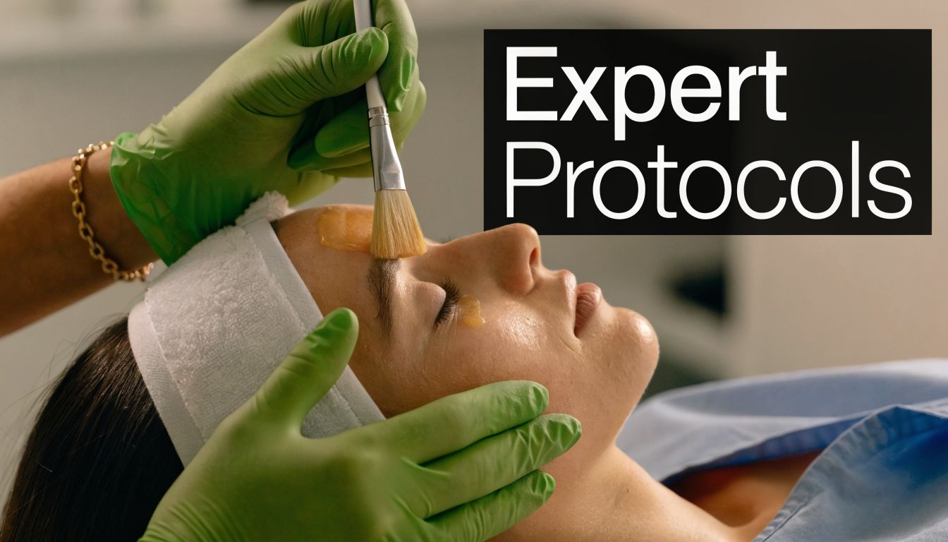 A professional aesthetician in green gloves applying a facial treatment with a brush to a client's forehead.