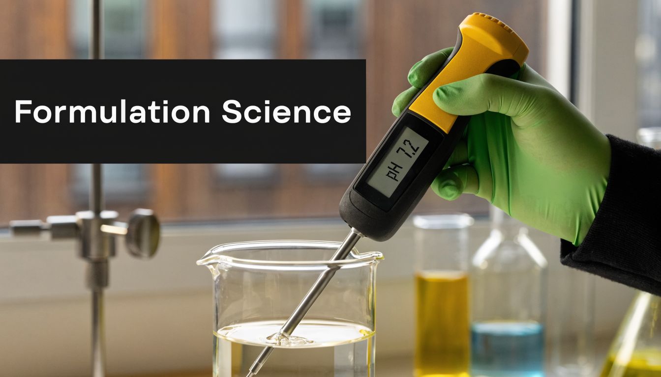 A gloved hand uses a digital pH meter to test a clear liquid solution in a lab.