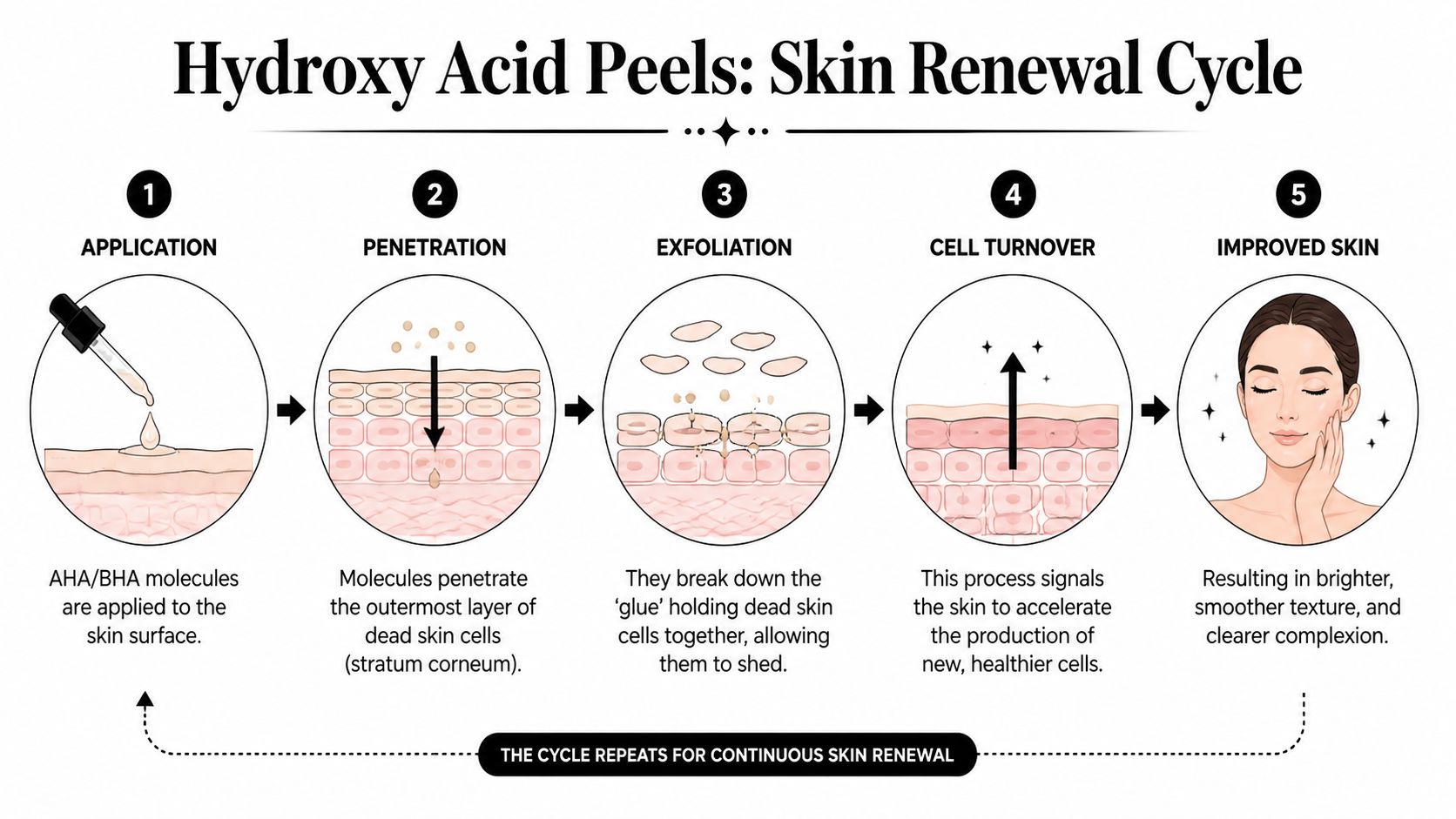 An infographic showing the five steps of the hydroxy acid skin renewal cycle for skincare education.