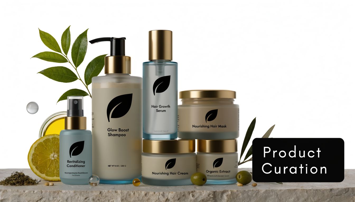 A curated collection of natural hair care products displayed on a stone surface with botanical accents.