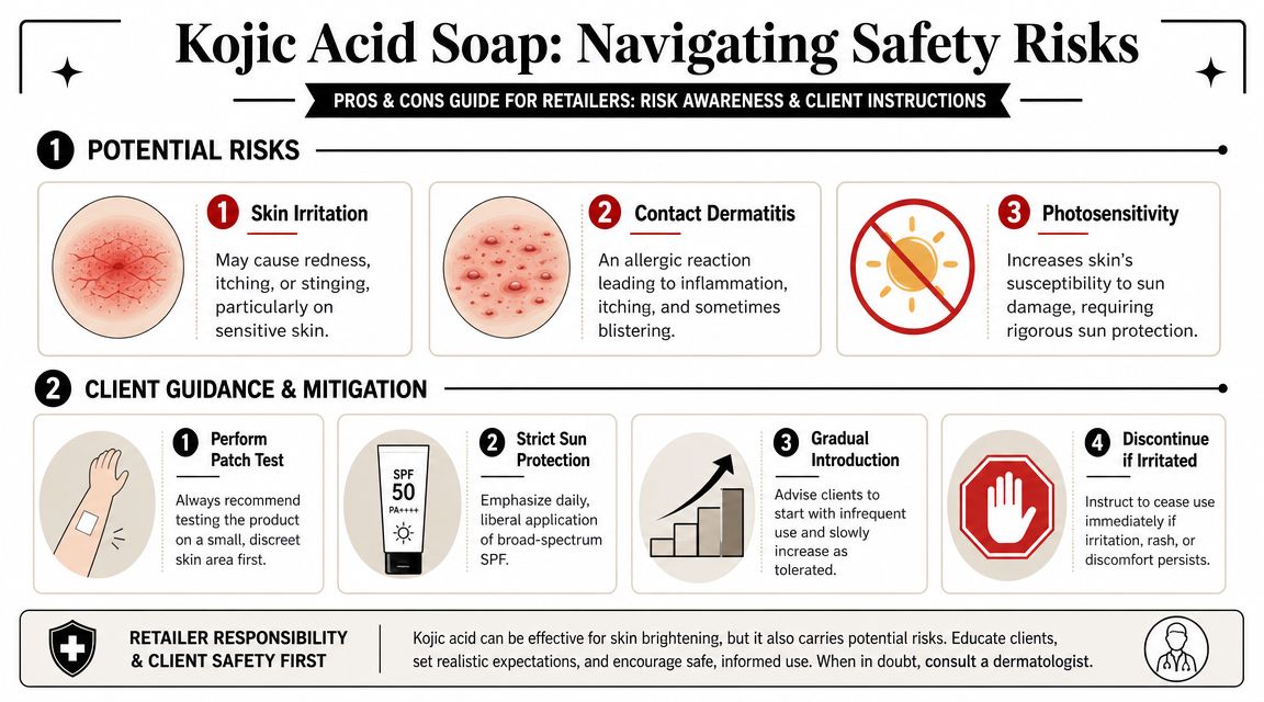 An infographic titled Kojic Acid Soap: Navigating Safety Risks outlining potential skin irritation side effects and mitigation.