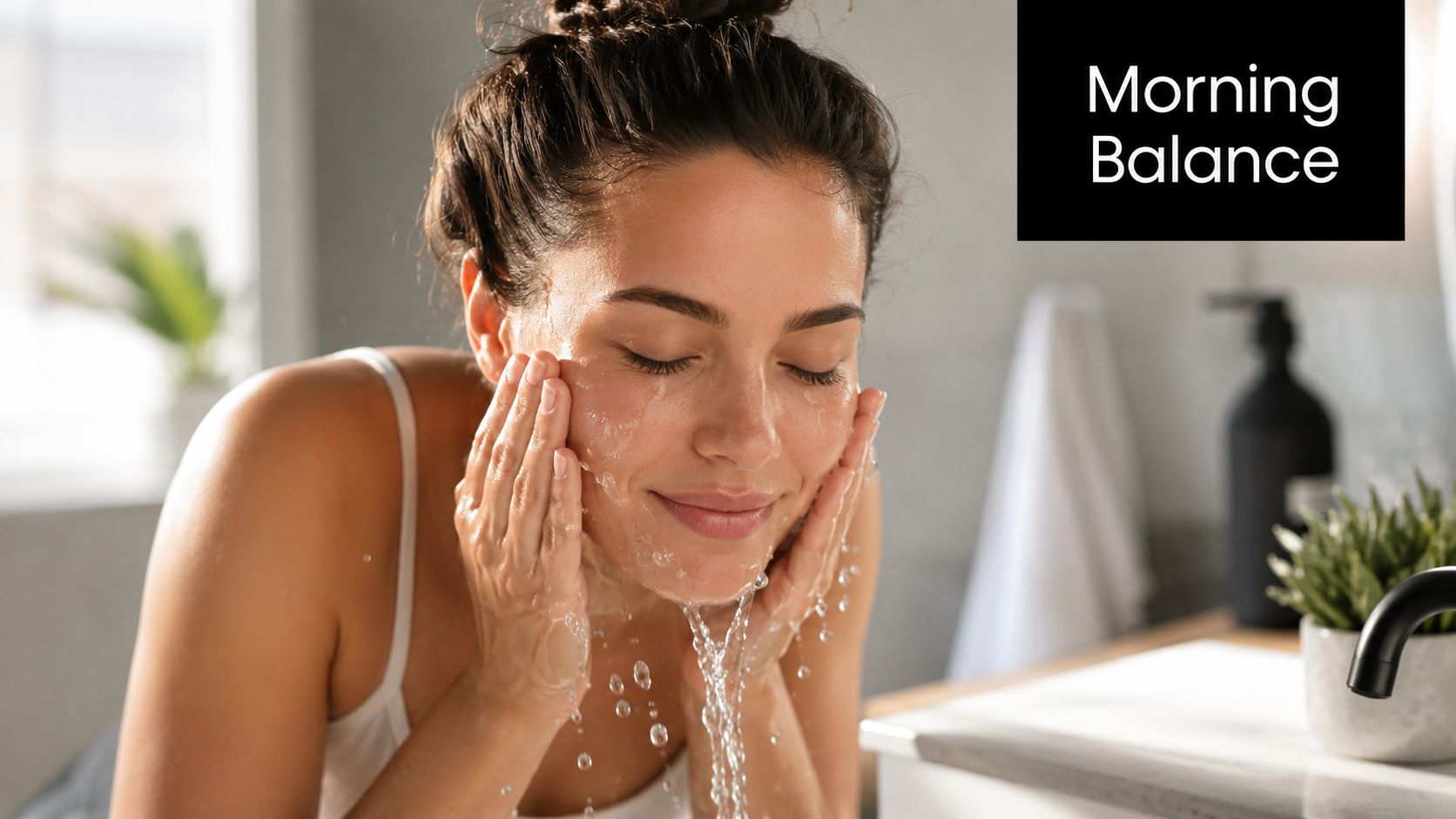 A woman with her hair in a bun washing her face with water in a bathroom