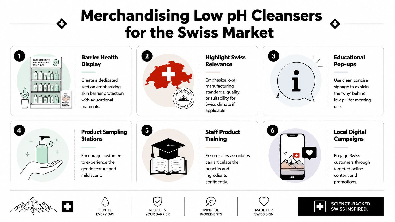 An infographic detailing six strategies for merchandising low pH cleansers specifically for the Swiss skincare market.
