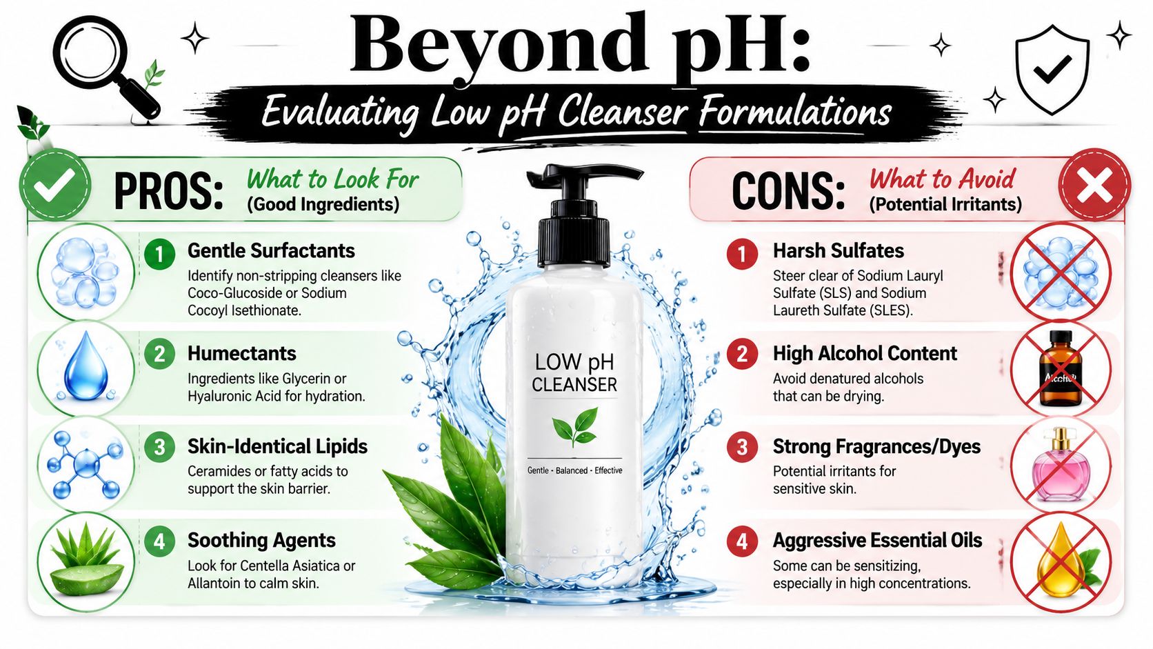 An infographic comparing beneficial and irritating ingredients in low pH skincare cleansers with helpful tips.