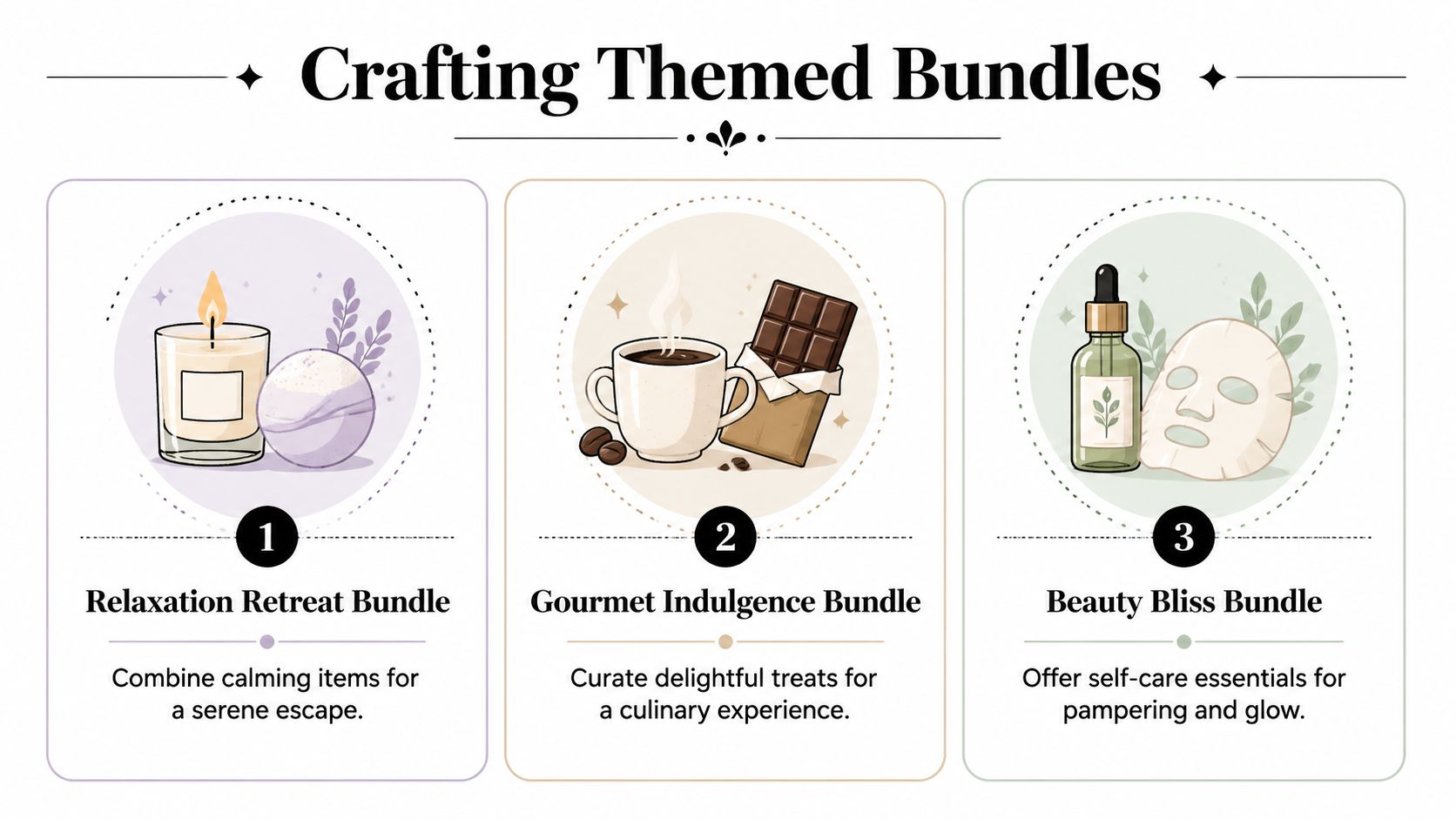 A graphic featuring three themed gift bundles: Relaxation Retreat, Gourmet Indulgence, and Beauty Bliss for gifting.