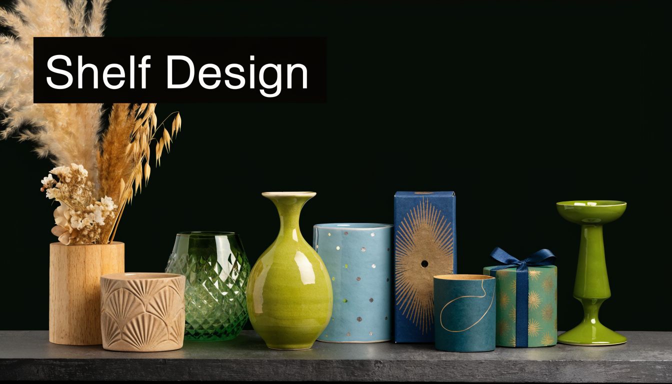 A decorative shelf displays various gift items including vases, candles, and boxes on a black background.