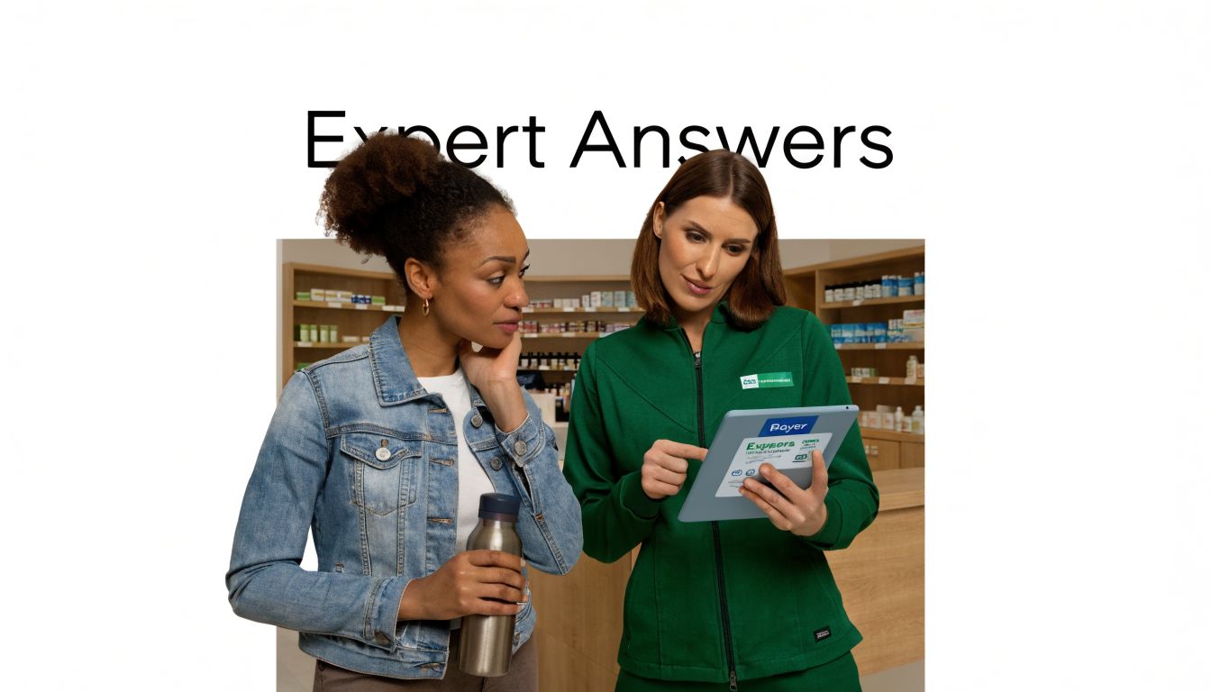 A pharmacist shows information on a tablet to a customer in a retail pharmacy setting.