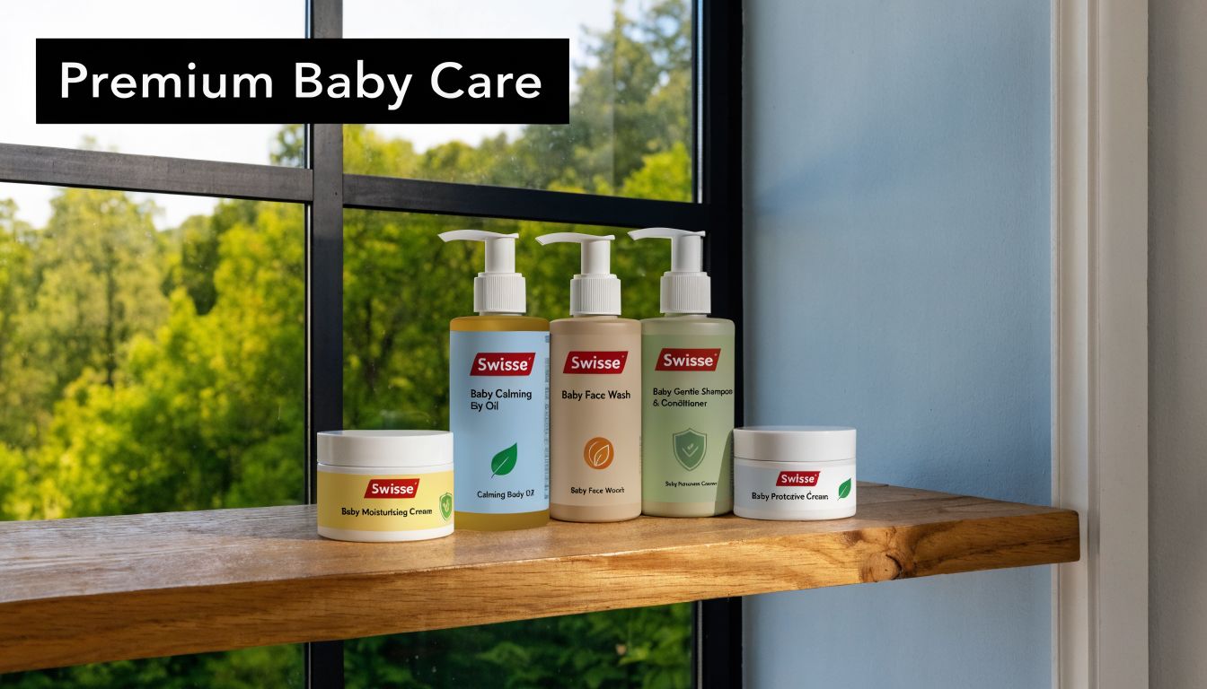 A line of Swisse premium baby care products on a wooden windowsill overlooking a lush green garden.