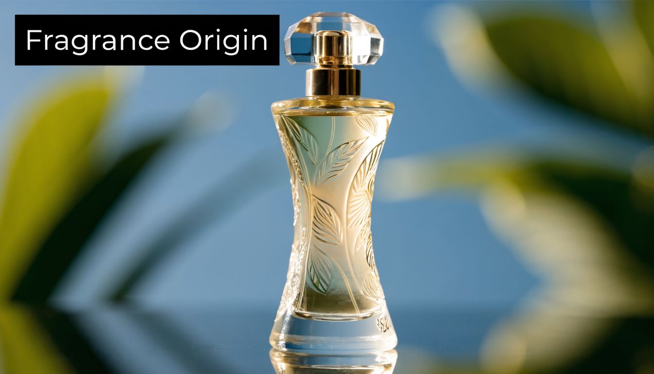 A sophisticated perfume bottle with leaf-patterned glass, set against a soft blurred natural blue and green background.