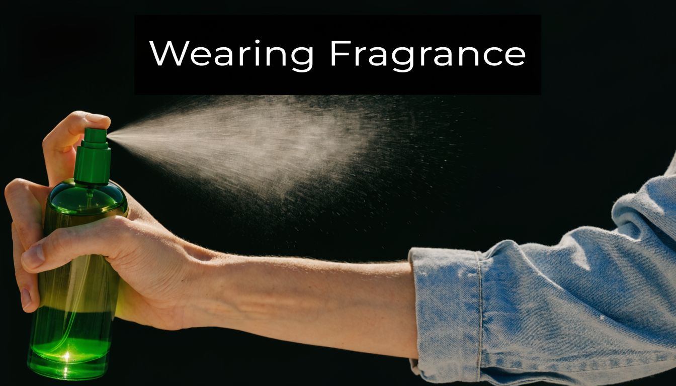 A close-up shot of a hand spraying a green glass perfume bottle against a dark background