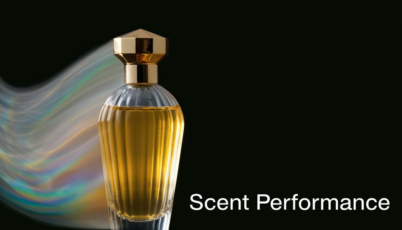 An elegant perfume bottle with golden liquid, positioned next to a glowing, multi-colored light trail effect.