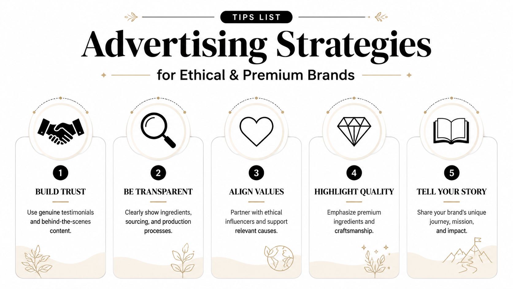 An infographic titled Advertising Strategies for Ethical and Premium Brands showing five numbered tips for marketing.