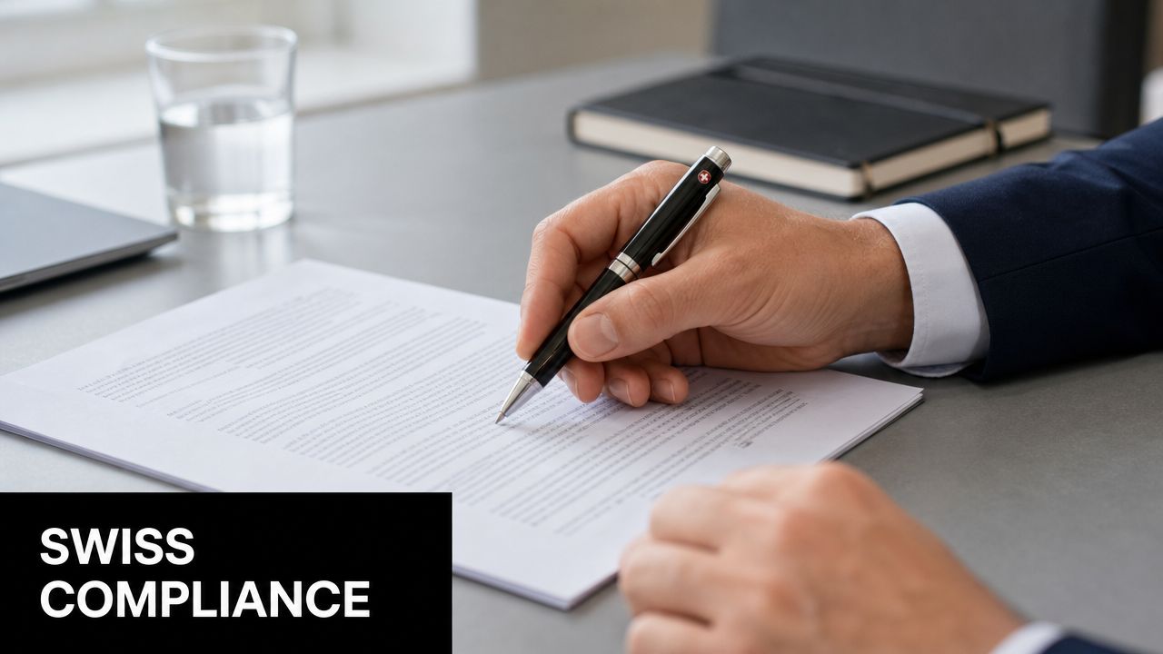 A professional in a suit signs a formal document with a Swiss branded pen on a desk.