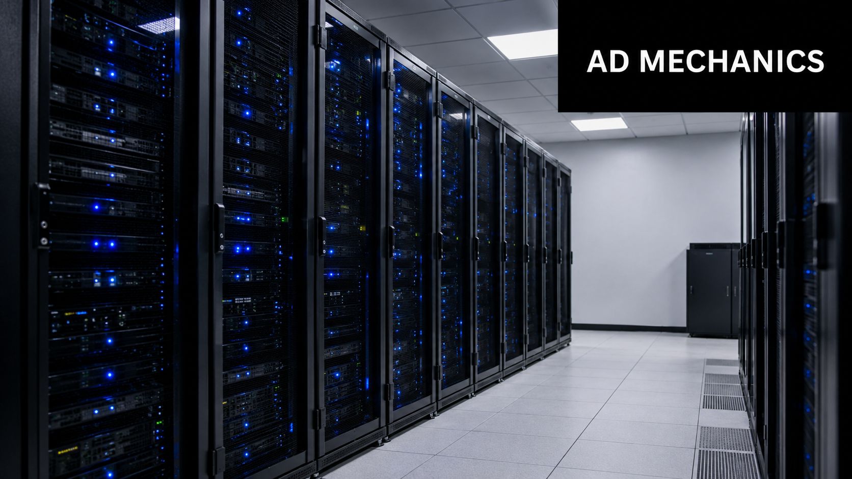 A clean, modern data center room filled with rows of black server racks with blinking blue lights.