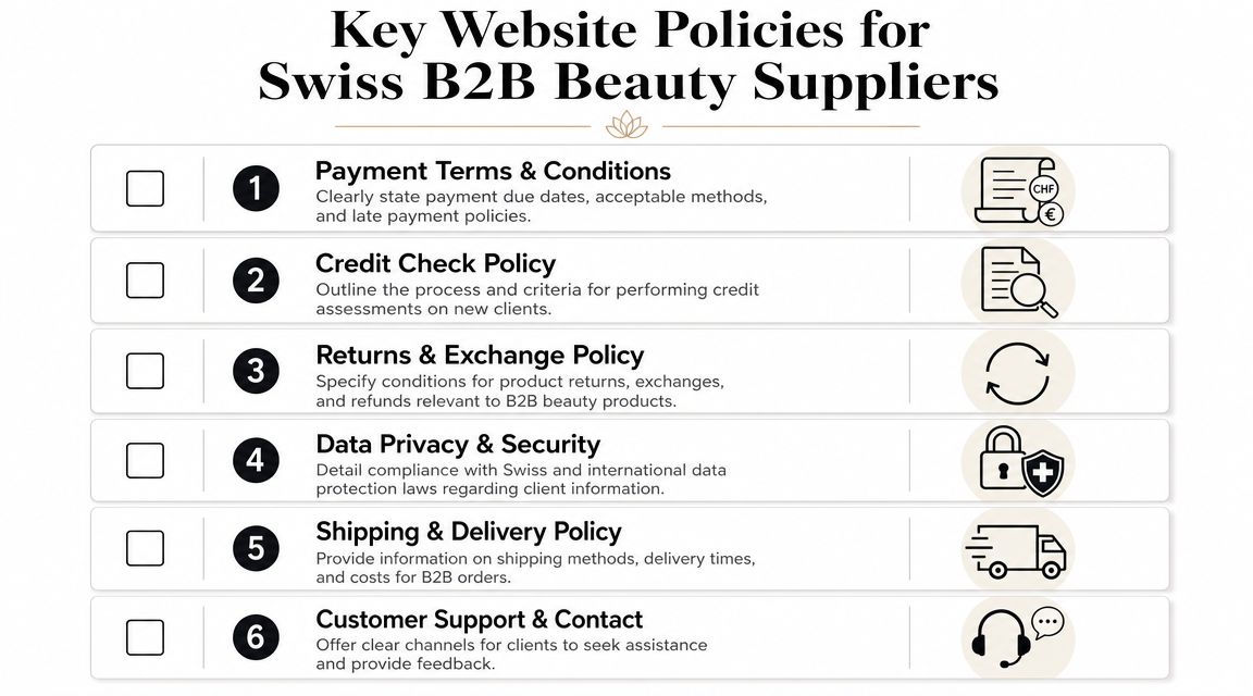 A checklist of six essential website policies for Swiss B2B beauty suppliers including payment, shipping, and privacy.