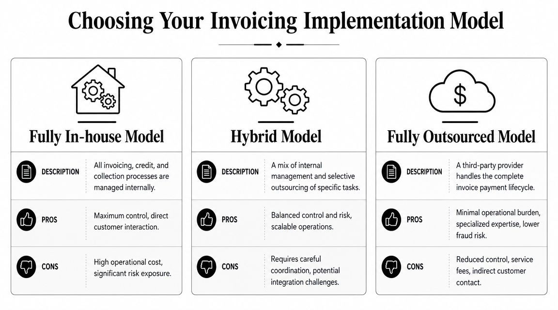 A comparison chart outlining three invoicing implementation models: Fully In-house, Hybrid, and Fully Outsourced, including pros and cons.