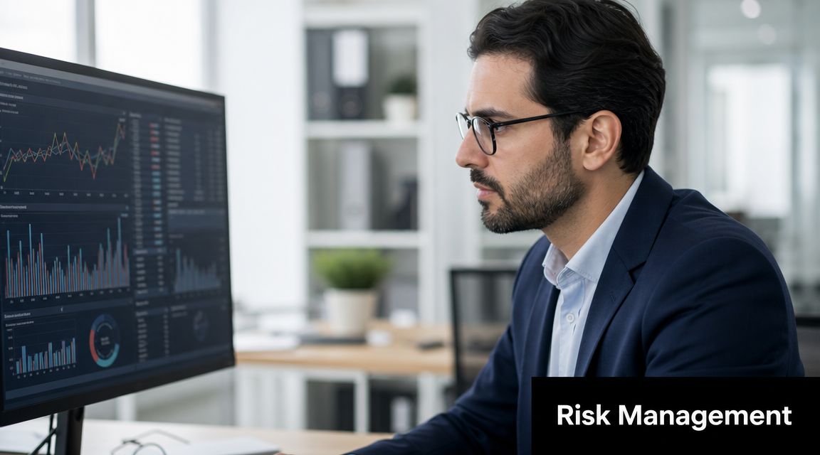 A professional man with a beard and glasses analyzing financial stock market charts on a computer monitor.