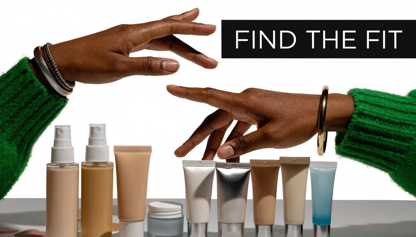 Two hands reaching towards various cosmetic tubes and bottles on a plain white background.