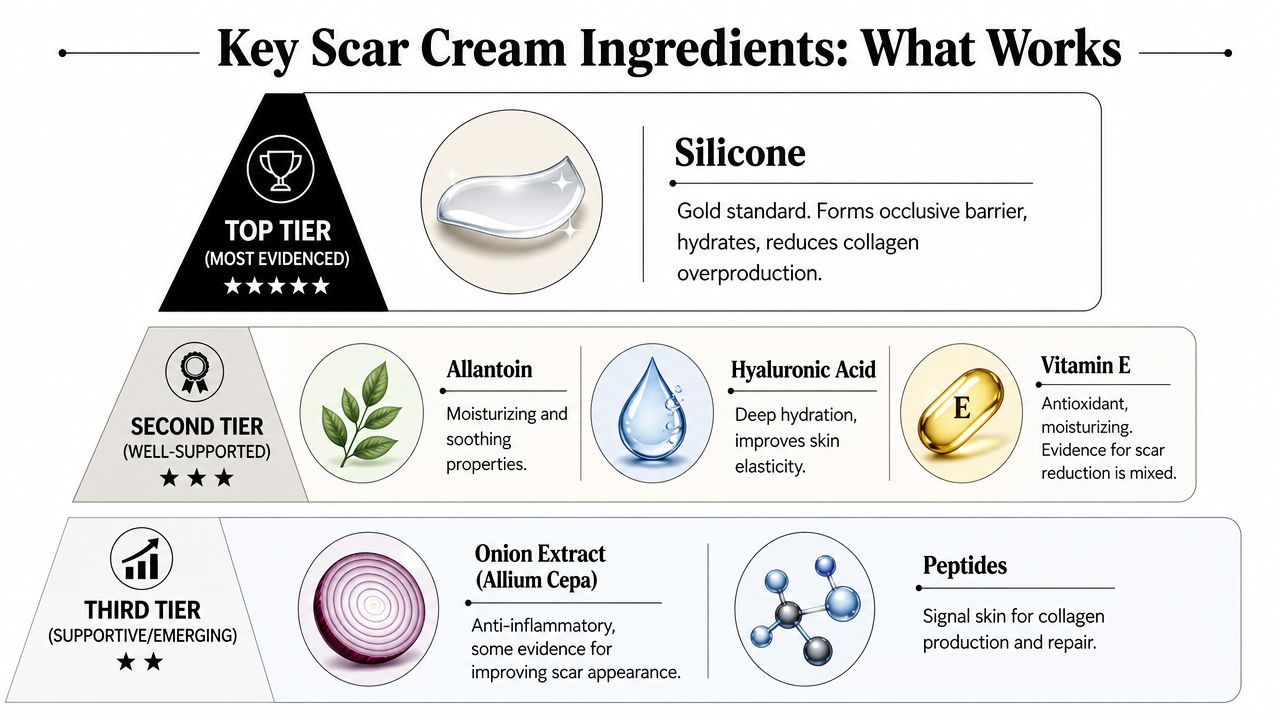 An infographic showing a tiered hierarchy of effective scar cream ingredients, including silicone, allantoin, and onion extract.