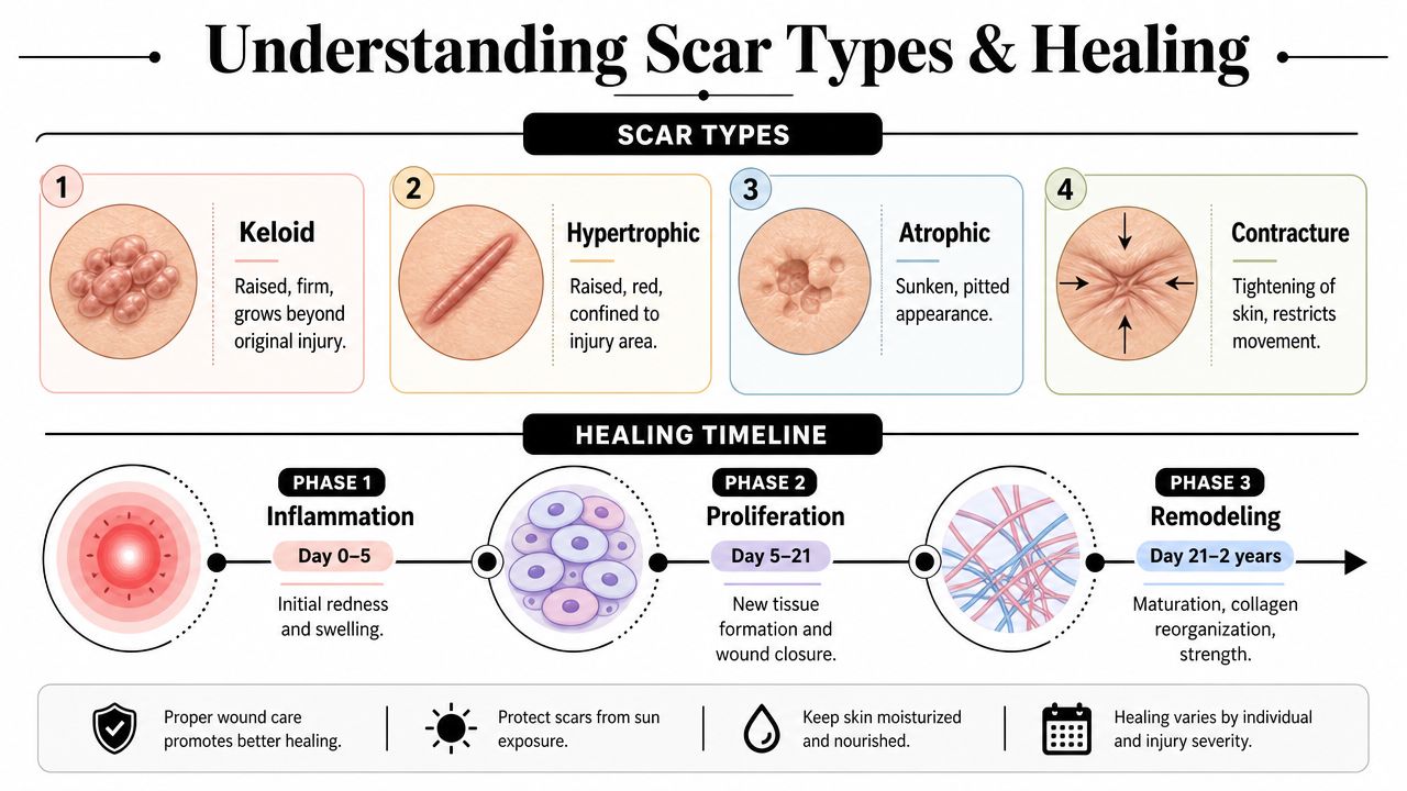 An educational infographic explaining the four types of scars and the three phases of skin healing.