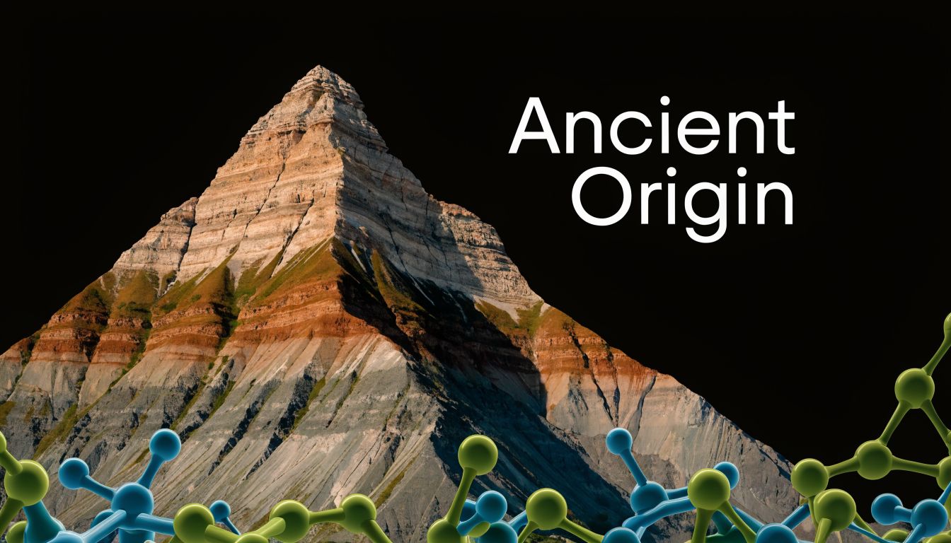 A majestic layered mountain peak set against a black background with overlaid colorful molecular structure models.